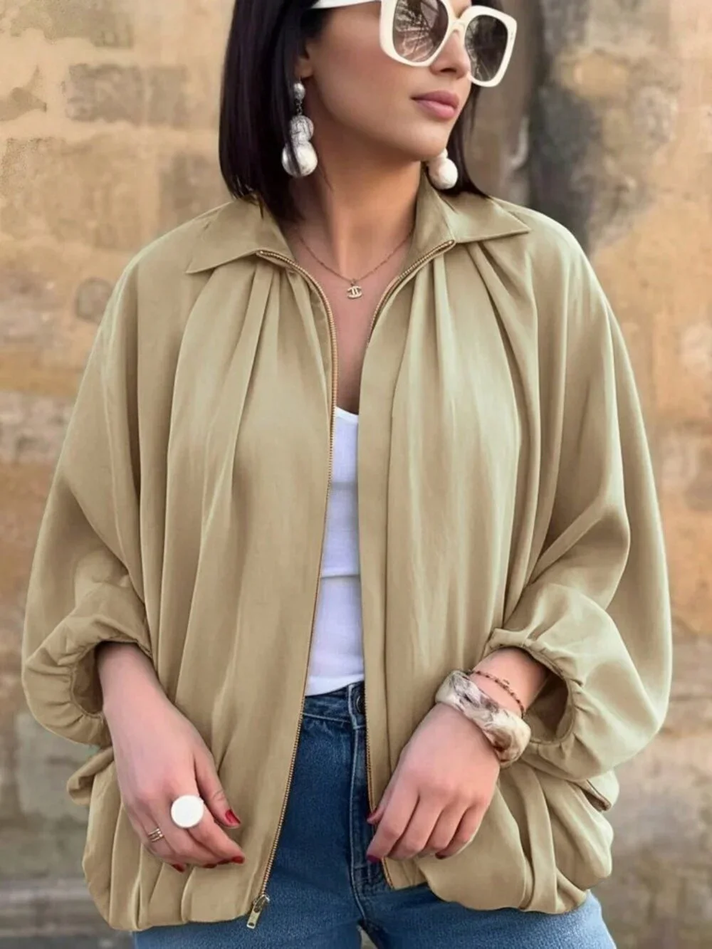 Khaki Casual Women's Puff Bomber Jacket